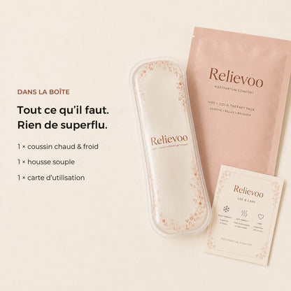 Contenu de la boîte : coussin périnéal Relievoo, pochette souple et carte d'utilisation et d'entretien