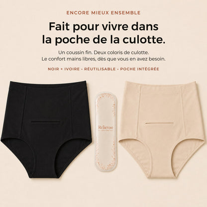 Coussin Relievoo entre une culotte post-partum noire et une ivoire, toutes deux à poche avant intégrée