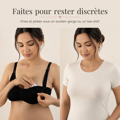 Maman portant les cupules d’allaitement en argent, invisibles sous un soutien-gorge d’allaitement puis sous un tee-shirt