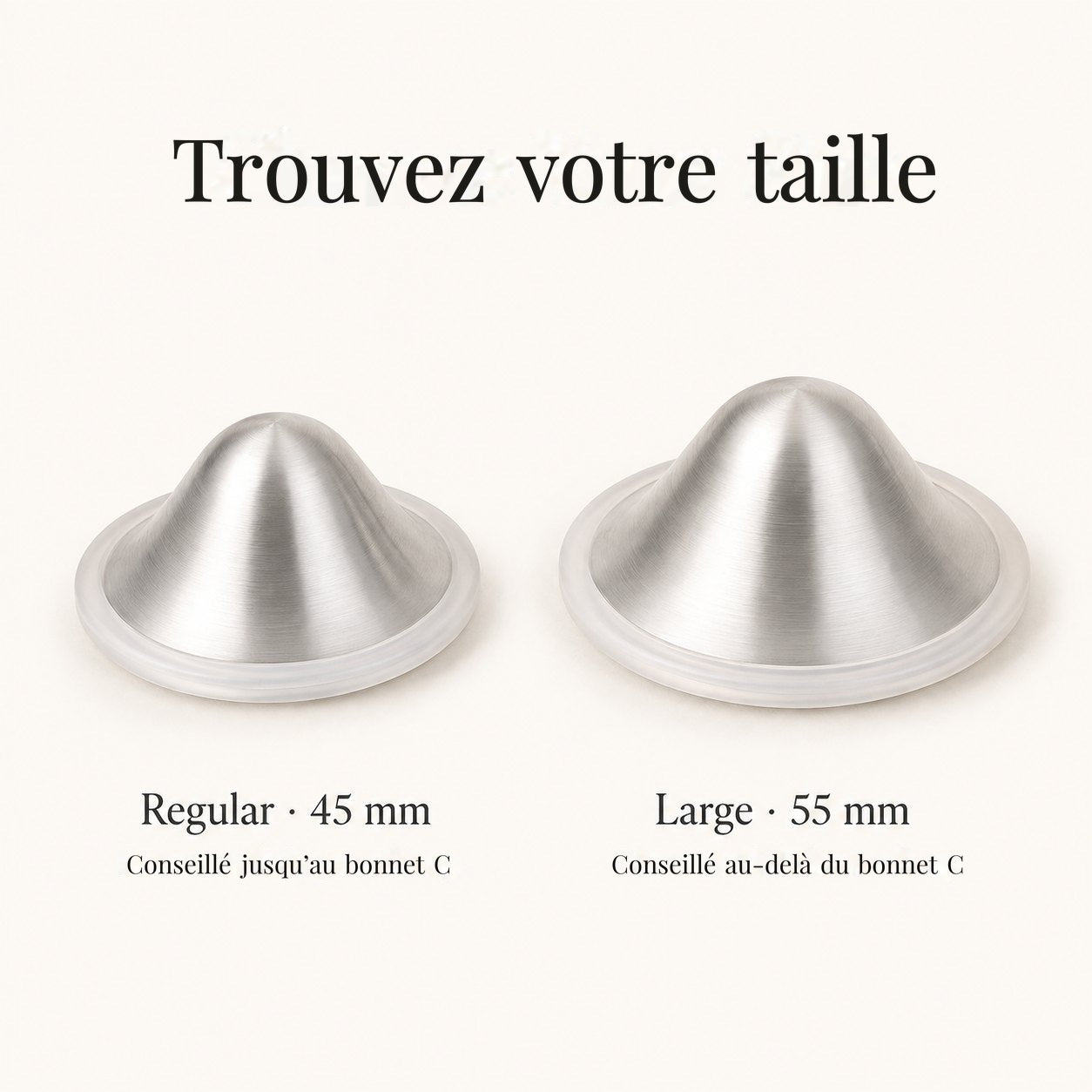 Les deux tailles de cupules d’allaitement en argent Relievoo, Regular 45 mm et Large 55 mm