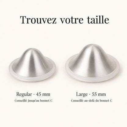 Les deux tailles de cupules d’allaitement en argent Relievoo, Regular 45 mm et Large 55 mm