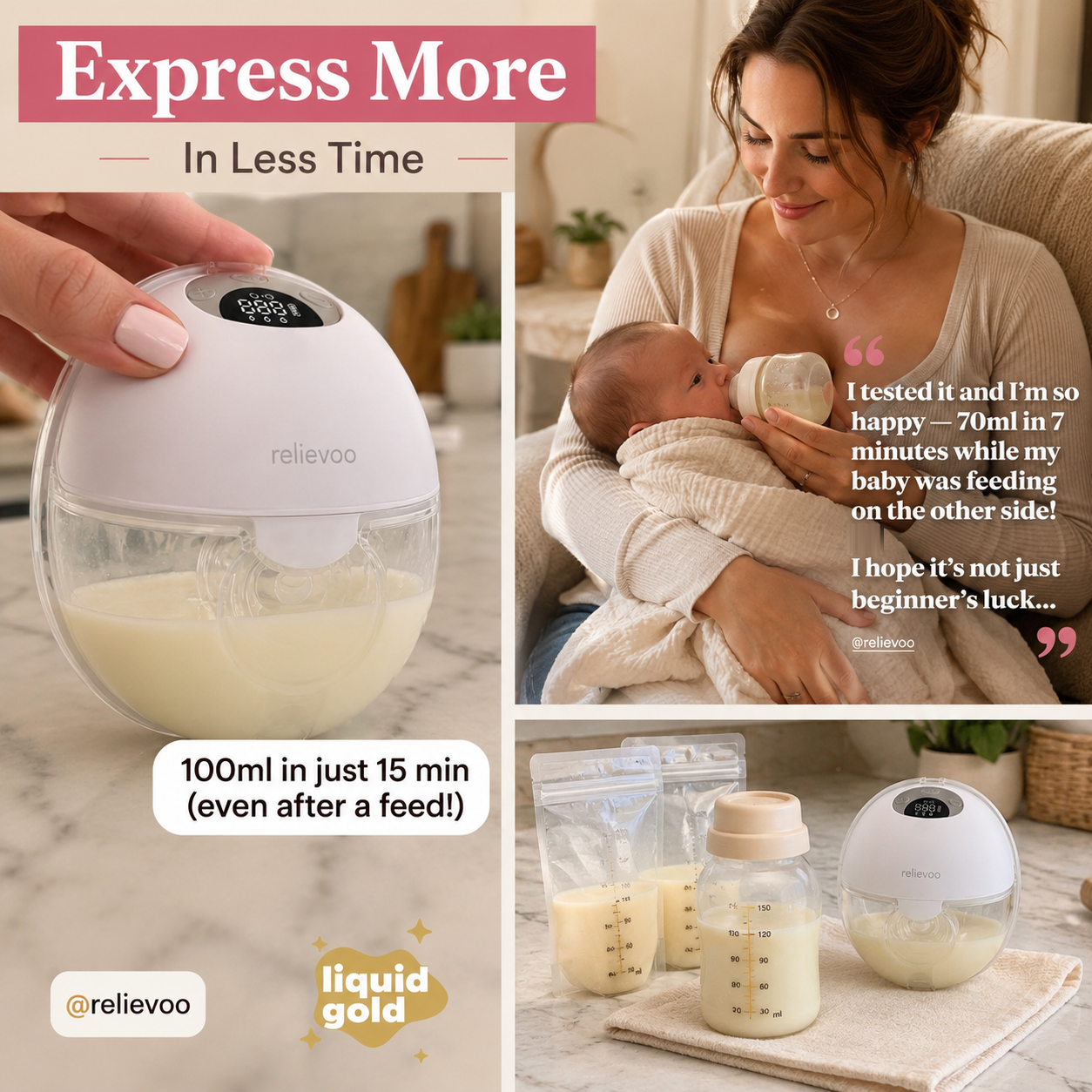 Relievoo M22 PRO2 wearable breast pump collecting 100 ml in just 15 minutes, with a mum's review of 70 ml expressed in 7 minutes while her baby fed on the other side rvpumpen