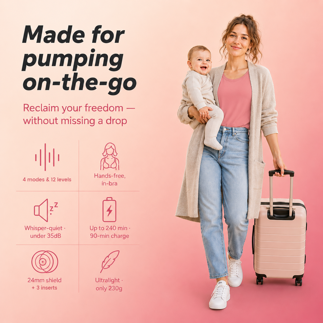 Mum carrying her baby and a suitcase with the Relievoo M22 PRO2 wearable breast pump: 4 modes, 12 levels, hands-free in-bra, up to 240 min battery rvpumpen
