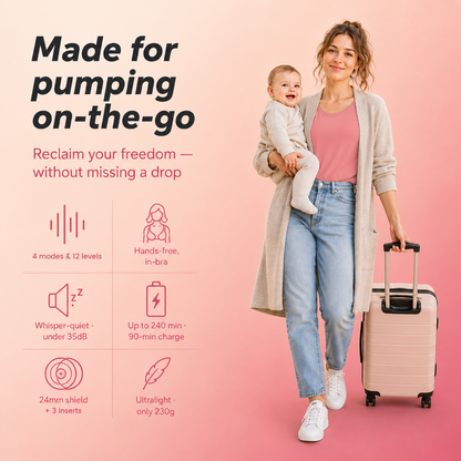 Mum carrying her baby and a suitcase with the Relievoo M22 PRO2 wearable breast pump: 4 modes, 12 levels, hands-free in-bra, up to 240 min battery rvpumpen