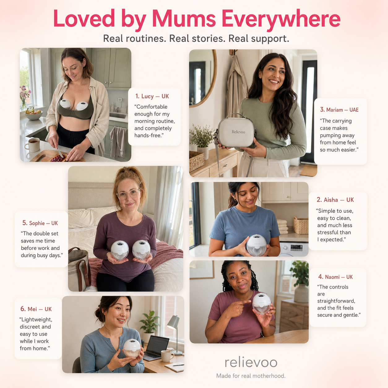 Relievoo M22 PRO2 wearable breast pump customer feedback: six mums share how they use the hands-free double pump at home, at work and on the go, with the Relievoo carrying case