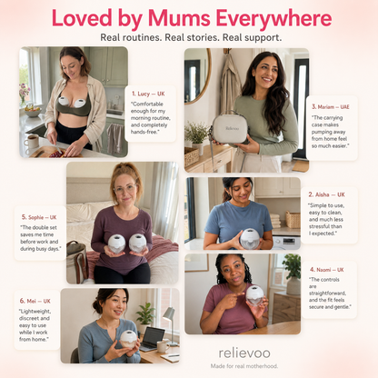 Relievoo M22 PRO2 wearable breast pump customer feedback: six mums share how they use the hands-free double pump at home, at work and on the go, with the Relievoo carrying case