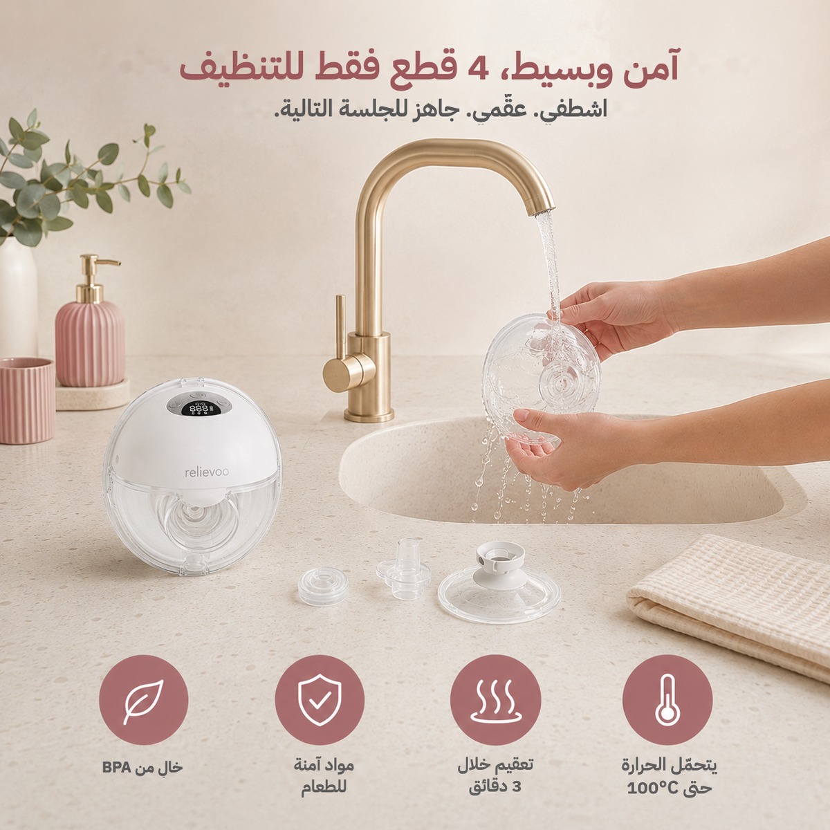 Cleaning the Relievoo M22 PRO2 wearable breast pump: only 4 parts to clean, rinsed under the tap then sterilised, BPA-free food-grade materials, heat safe up to 100C