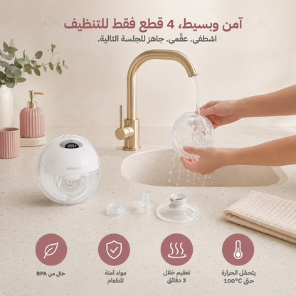 Cleaning the Relievoo M22 PRO2 wearable breast pump: only 4 parts to clean, rinsed under the tap then sterilised, BPA-free food-grade materials, heat safe up to 100C