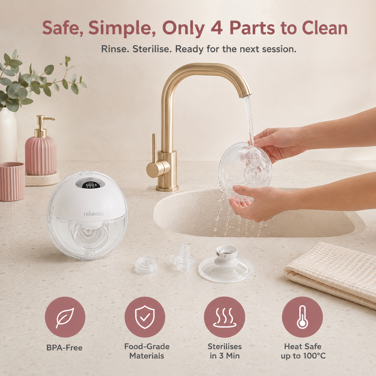 Cleaning the Relievoo M22 PRO2 wearable breast pump: only 4 parts to clean, rinsed under the tap then sterilised, BPA-free food-grade materials, heat safe up to 100C