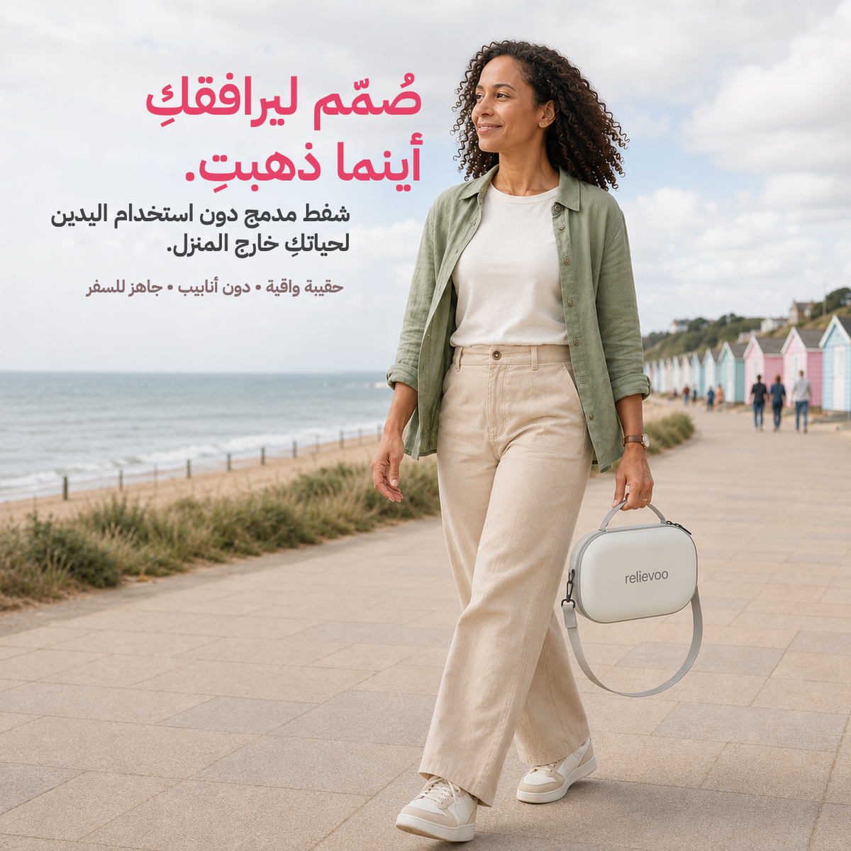 Mum walking along a British seaside promenade carrying the Relievoo M22 PRO2 breast pump in its protective travel case with shoulder strap, compact tube-free hands-free pumping on the go