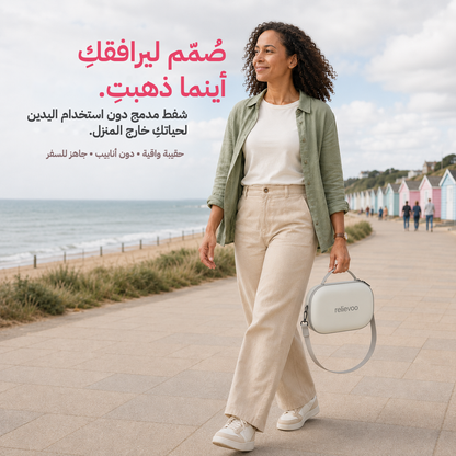 Mum walking along a British seaside promenade carrying the Relievoo M22 PRO2 breast pump in its protective travel case with shoulder strap, compact tube-free hands-free pumping on the go