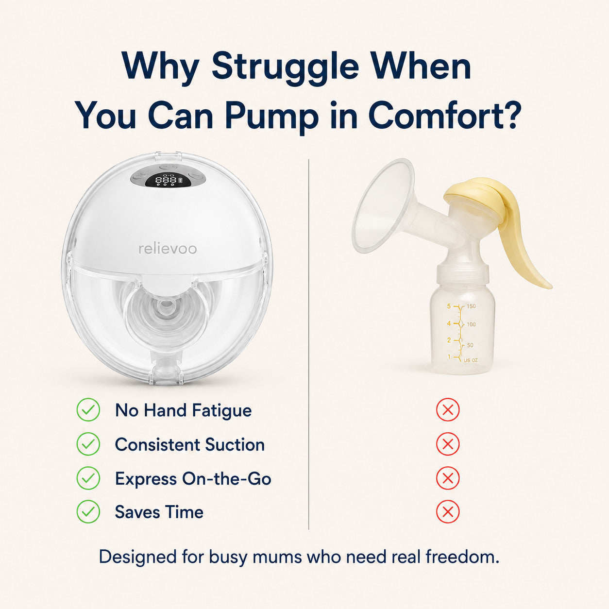 Relievoo M22 PRO2 wearable breast pump vs manual pump comparison: no hand fatigue, consistent suction, express on the go