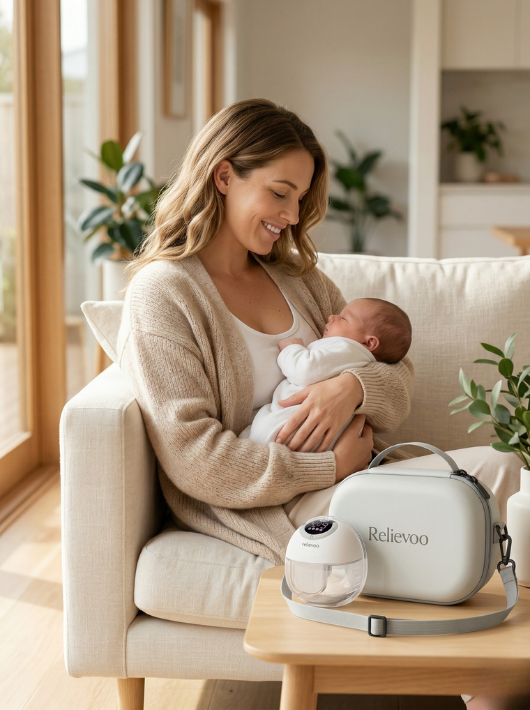 Mum with her baby and the Relievoo wearable breast pump