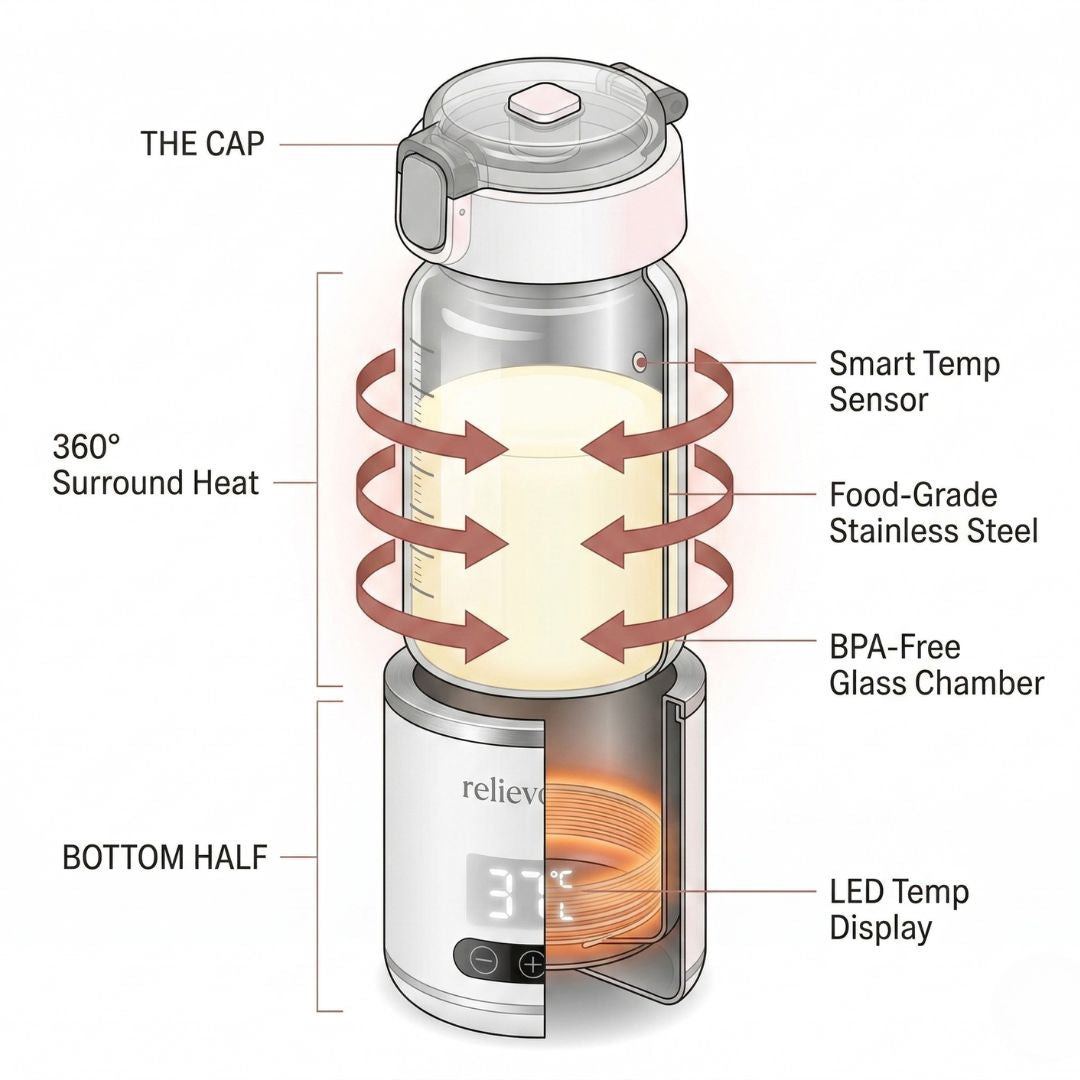 Relievoo Nomad bottle warmer 360-degree surround heating technology cutaway diagram