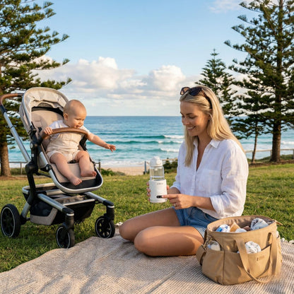 British mother warming baby bottle at beachside park with oak trees - Relievoo Nomad Portable Bottle Warmer outdoor on-the-go feeding