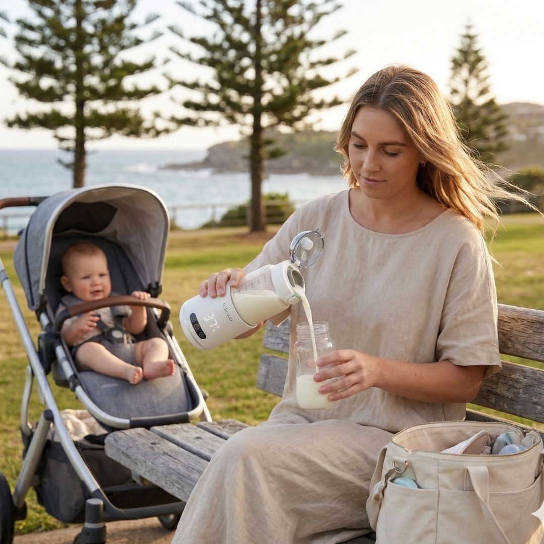 British mum using Relievoo Nomad portable bottle warmer at coastal park during golden hour