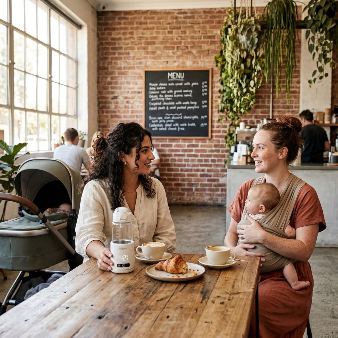 Two British mothers at London cafe with Relievoo Nomad Portable Bottle Warmer warming milk on timber table - hands-free portable baby feeding