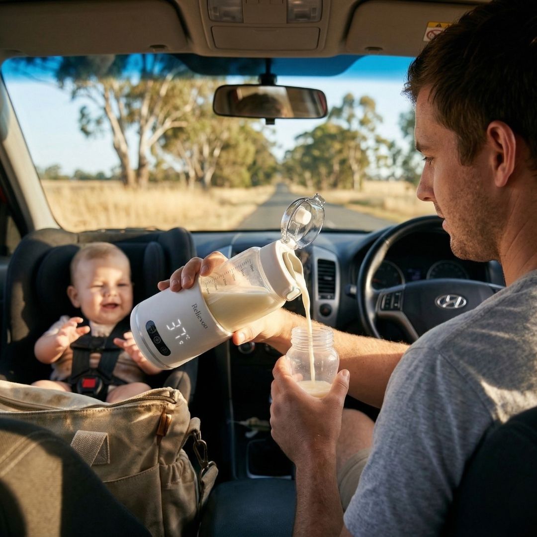 Dad using Relievoo Nomad bottle warmer to pour warm milk during car road trip in UK