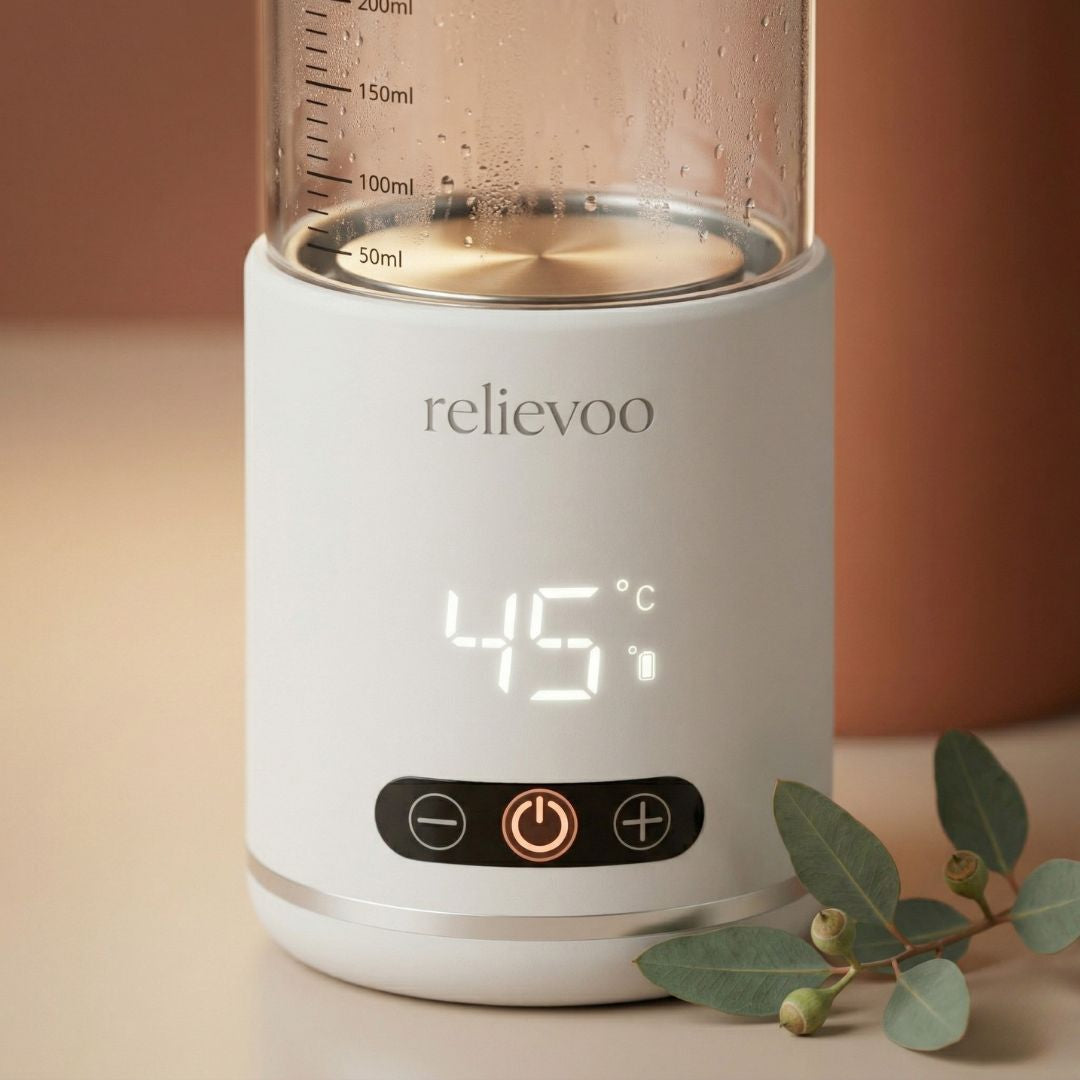 Relievoo Nomad Portable Bottle Warmer close-up showing LED temperature display 45 degrees celsius with warm milk inside glass bottle and British eucalyptus leaf