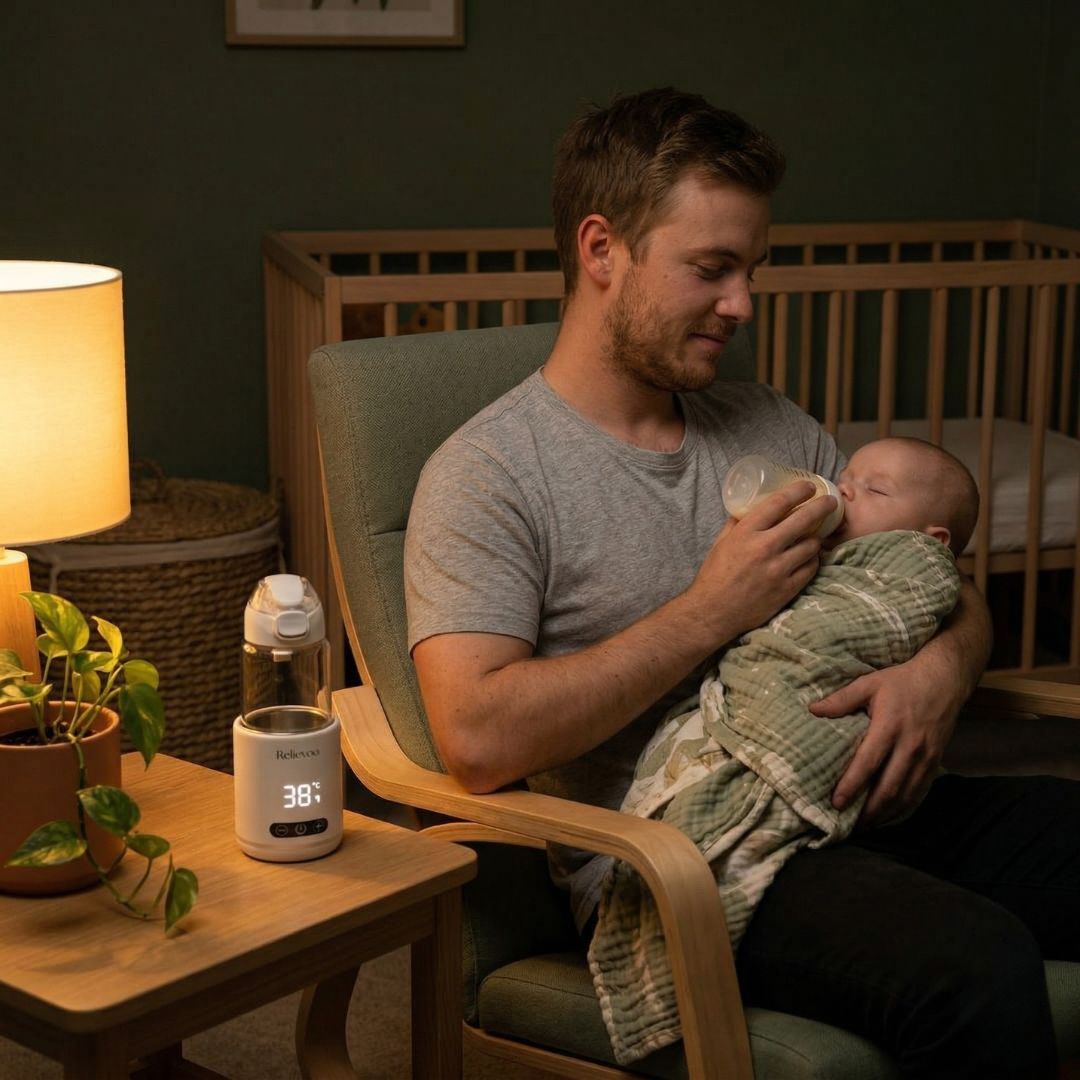 British father doing night feed with baby in nursery - Relievoo Nomad Portable Bottle Warmer glowing 38 degrees on side table beside timber crib