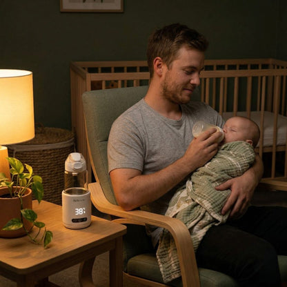 British father doing night feed with baby in nursery - Relievoo Nomad Portable Bottle Warmer glowing 38 degrees on side table beside timber crib