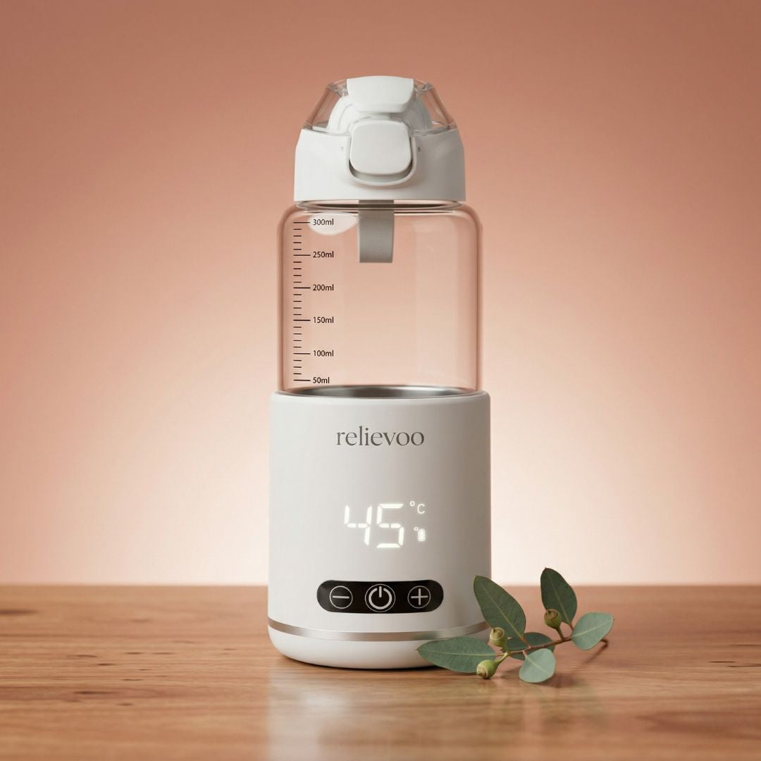 Relievoo Nomad Portable Bottle Warmer hero product shot - white cordless bottle warmer with LED display showing 45 degrees celsius on British timber surface with eucalyptus leaf and terracotta background