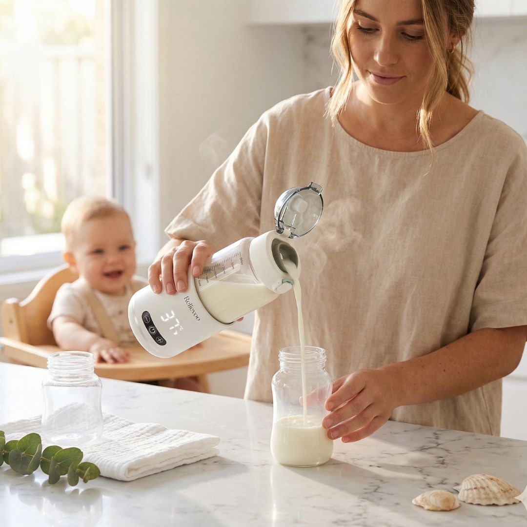 British mum pouring warm milk from Relievoo Nomad portable bottle warmer into baby bottle in modern kitchen