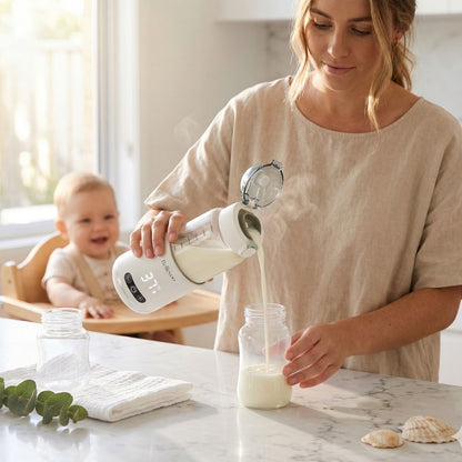 British mum pouring warm milk from Relievoo Nomad portable bottle warmer into baby bottle in modern kitchen