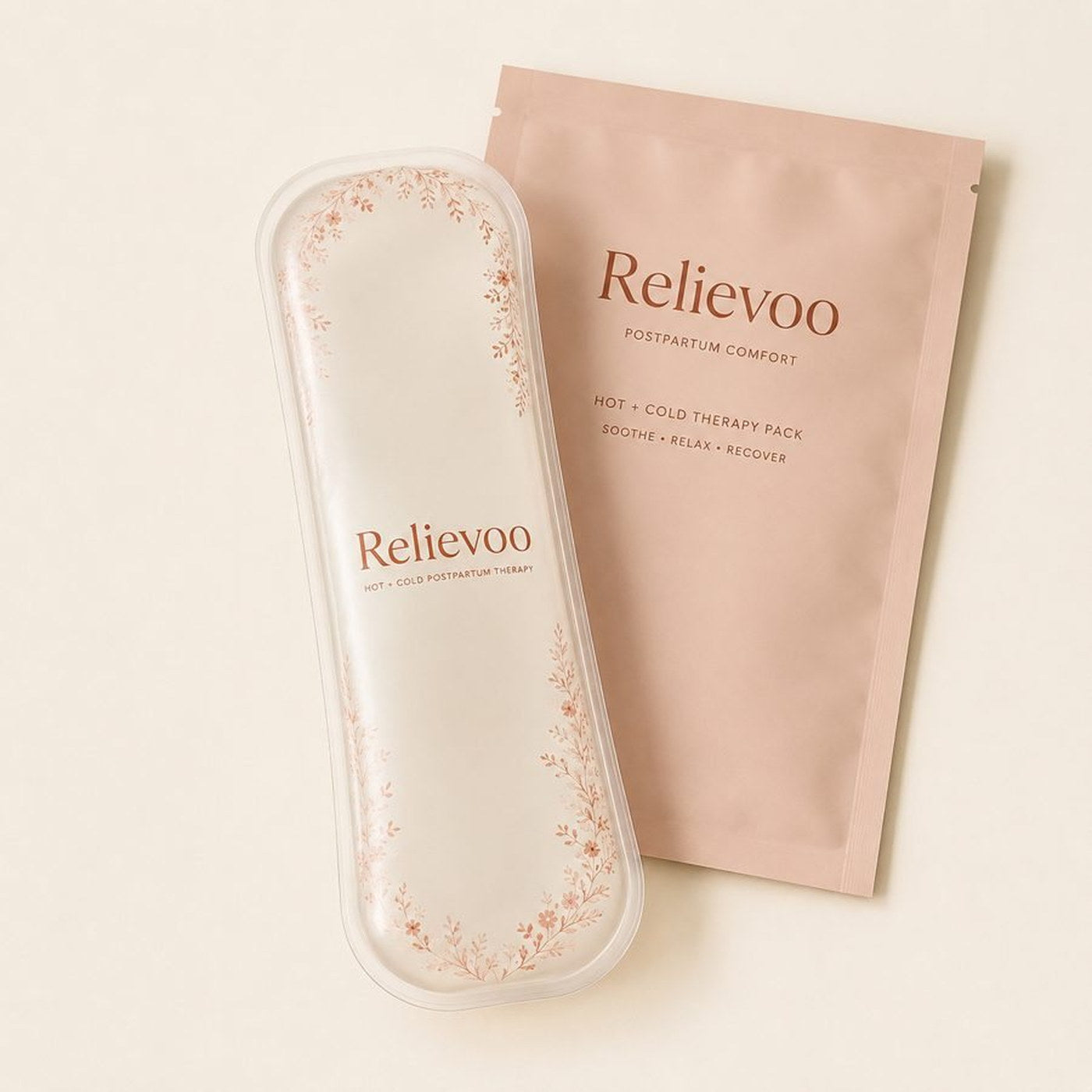 Relievoo perineal hot and cold therapy pack beside its postpartum comfort pouch on a cream background