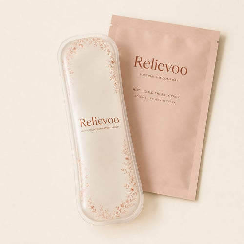 Relievoo perineal hot and cold therapy pack beside its postpartum comfort pouch on a cream background