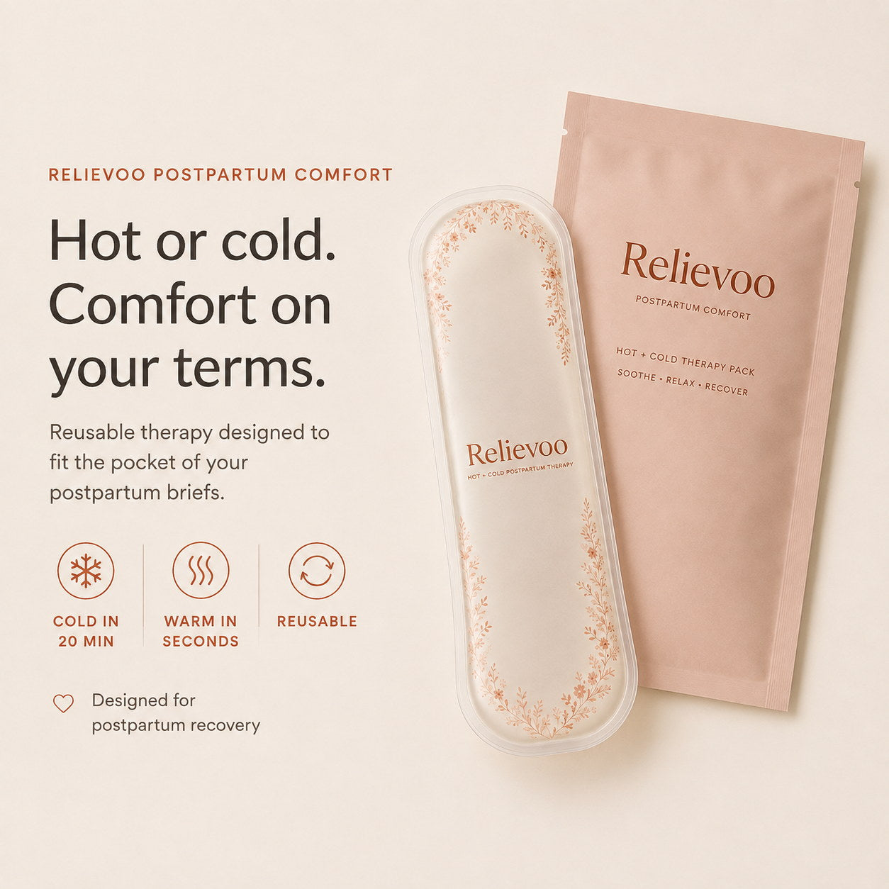 Relievoo perineal therapy pack and pouch: cold in about 20 minutes, warm in seconds, reusable