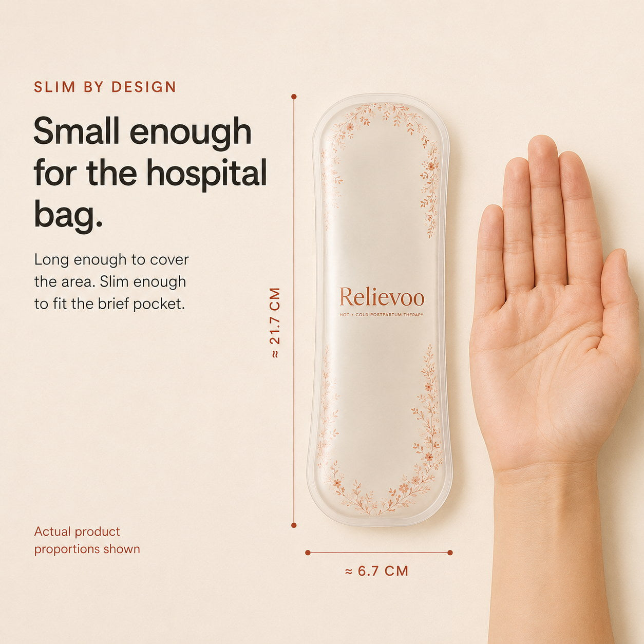 Relievoo perineal therapy pack shown next to an open hand, about 21.7 cm long and 6.7 cm wide