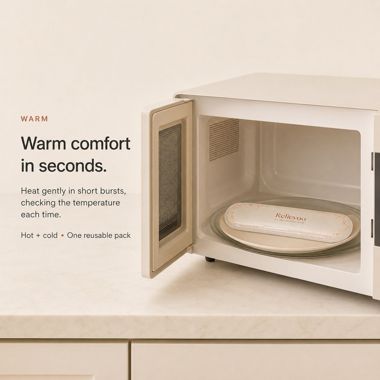 Relievoo perineal therapy pack warming on a plate inside a microwave for gentle postpartum heat