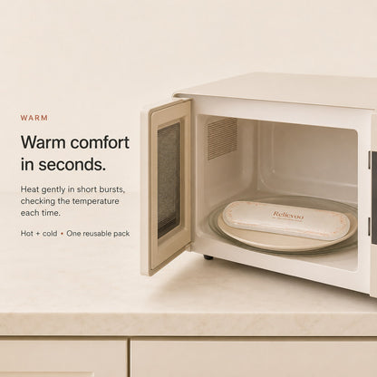 Relievoo perineal therapy pack warming on a plate inside a microwave for gentle postpartum heat