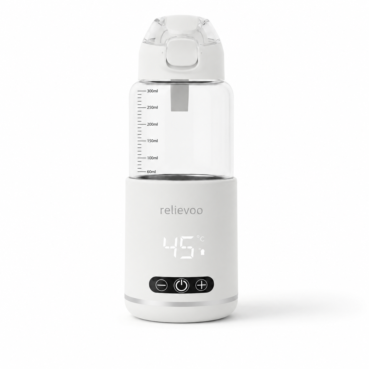 Relievoo Cordless Bottle Warmer Pro — cordless USB-C rechargeable baby bottle warmer with 300ml graduated glass chamber, white LED at 45°C and one-touch controls, British-designed studio shot