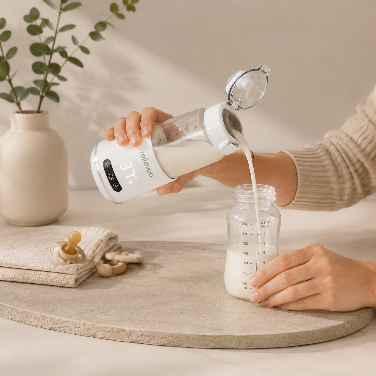 UK mum pouring warm breast milk from the Relievoo Cordless Bottle Warmer Pro at 37°C feed temperature into a baby feeding bottle on a stone serving board with eucalyptus, dummy and wooden teether — cordless USB-C bottle warmer for British families, ready in 2 minutes