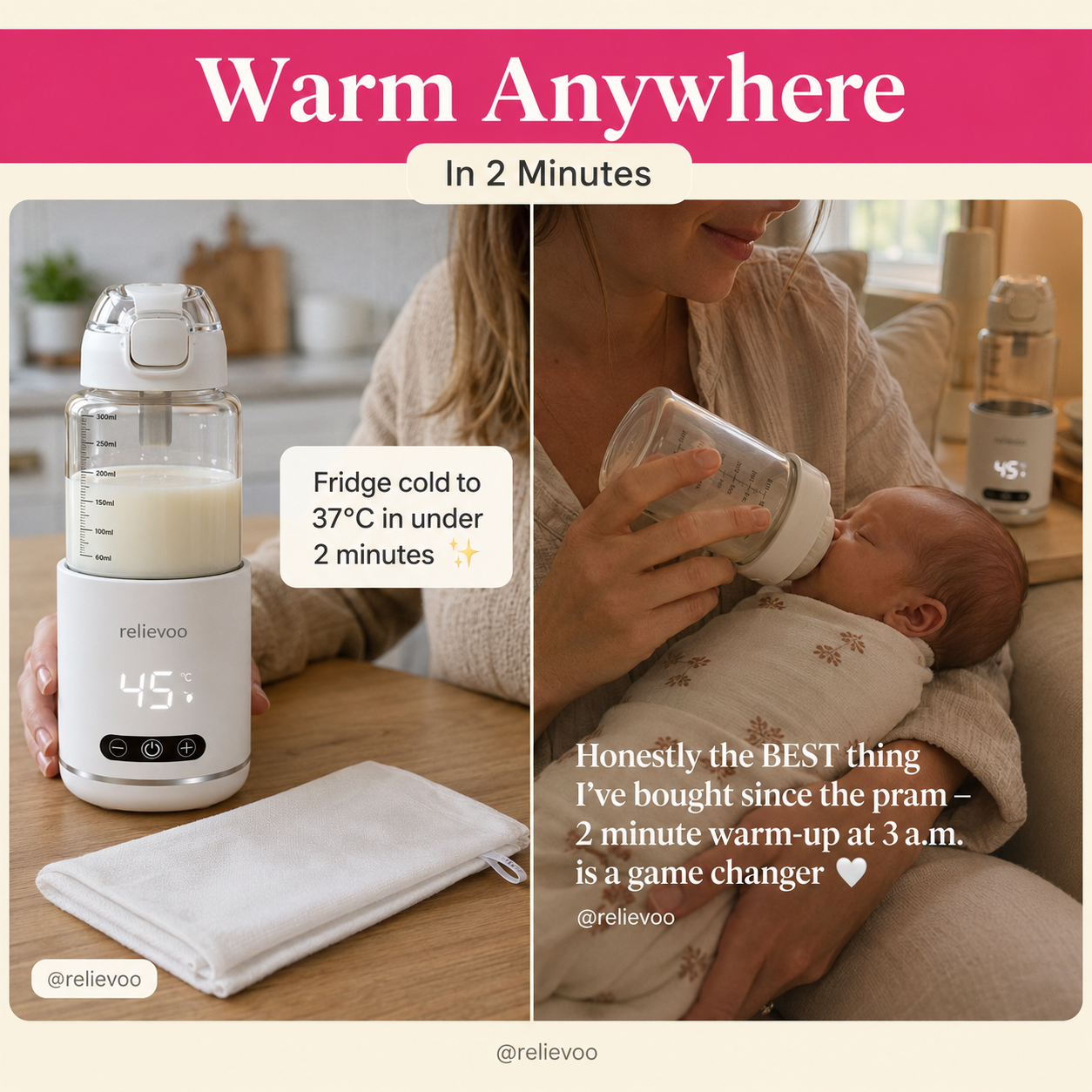 Warm Anywhere In 2 Minutes — Relievoo Cordless Bottle Warmer Pro real-mum reviews from UK: fridge cold to 37°C in under 2 minutes, perfect for 3am night feeds