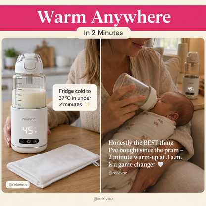 Warm Anywhere In 2 Minutes — Relievoo Cordless Bottle Warmer Pro real-mum reviews from UK: fridge cold to 37°C in under 2 minutes, perfect for 3am night feeds