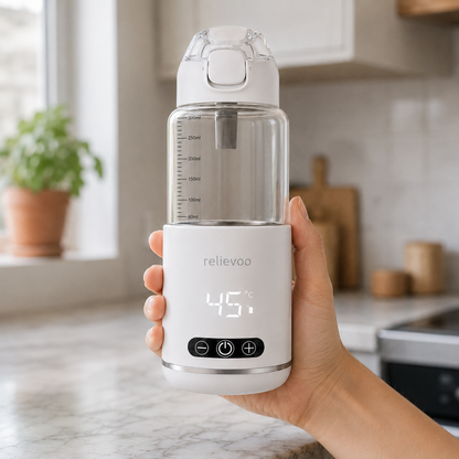 Compact Relievoo Cordless Bottle Warmer Pro held in one hand in a modern British kitchen — ~20cm cordless USB-C baby bottle warmer easily fits in a nappy bag for travel