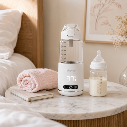Relievoo cordless bottle warmer on a marble bedside table beside a prepared baby bottle and pink baby blanket — ready for the next feed at 37°C body temperature