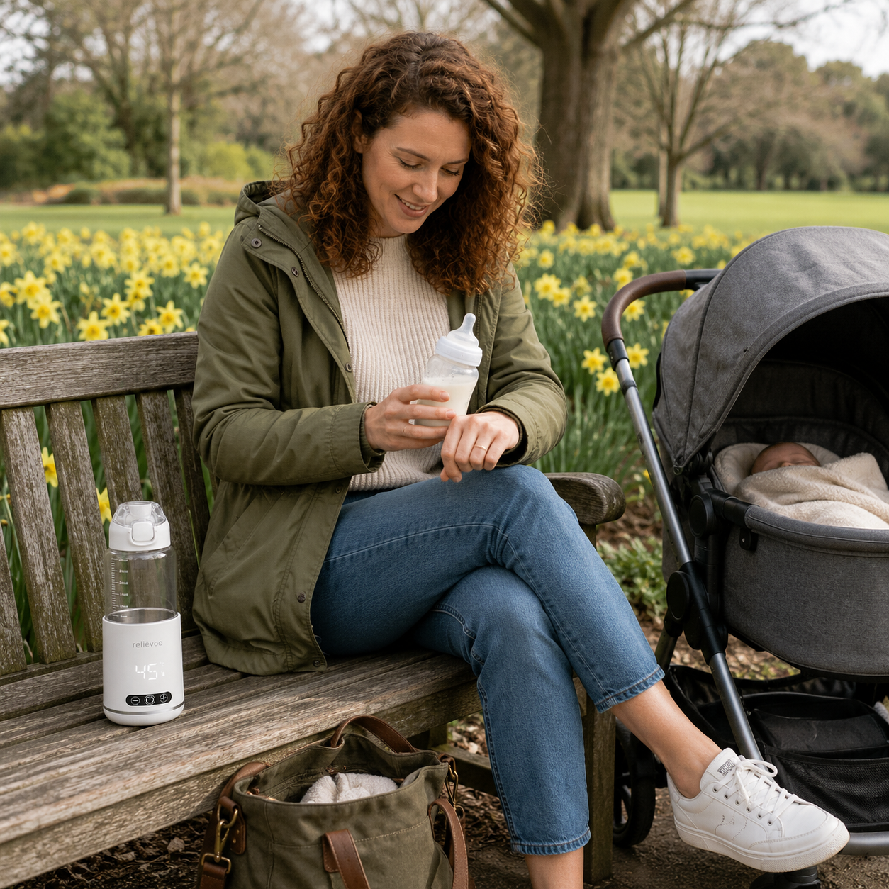 British mum checking warmed baby bottle on a park bench with stroller and sleeping baby beside the Relievoo Cordless Bottle Warmer Pro at 45°C — cordless on-the-go bottle warming with daffodils in spring