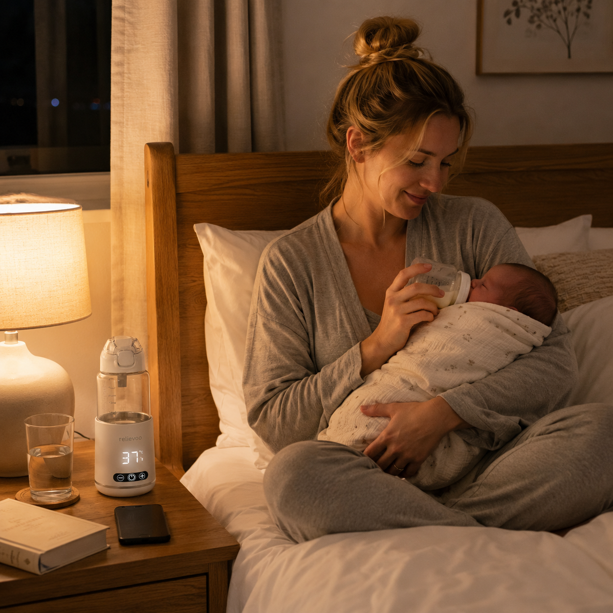 UK mum night feeding a swaddled newborn in bed with the Relievoo Cordless Bottle Warmer Pro glowing on the bedside table at 37°C — quiet cordless bottle warmer for 3am feeds
