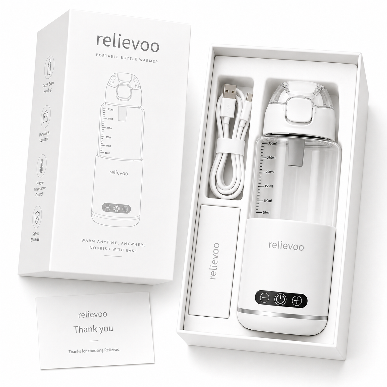 Relievoo Portable Bottle Warmer Pro unboxing — what's included: cordless warmer, USB-C charging cable, quick-start guide and thank-you card