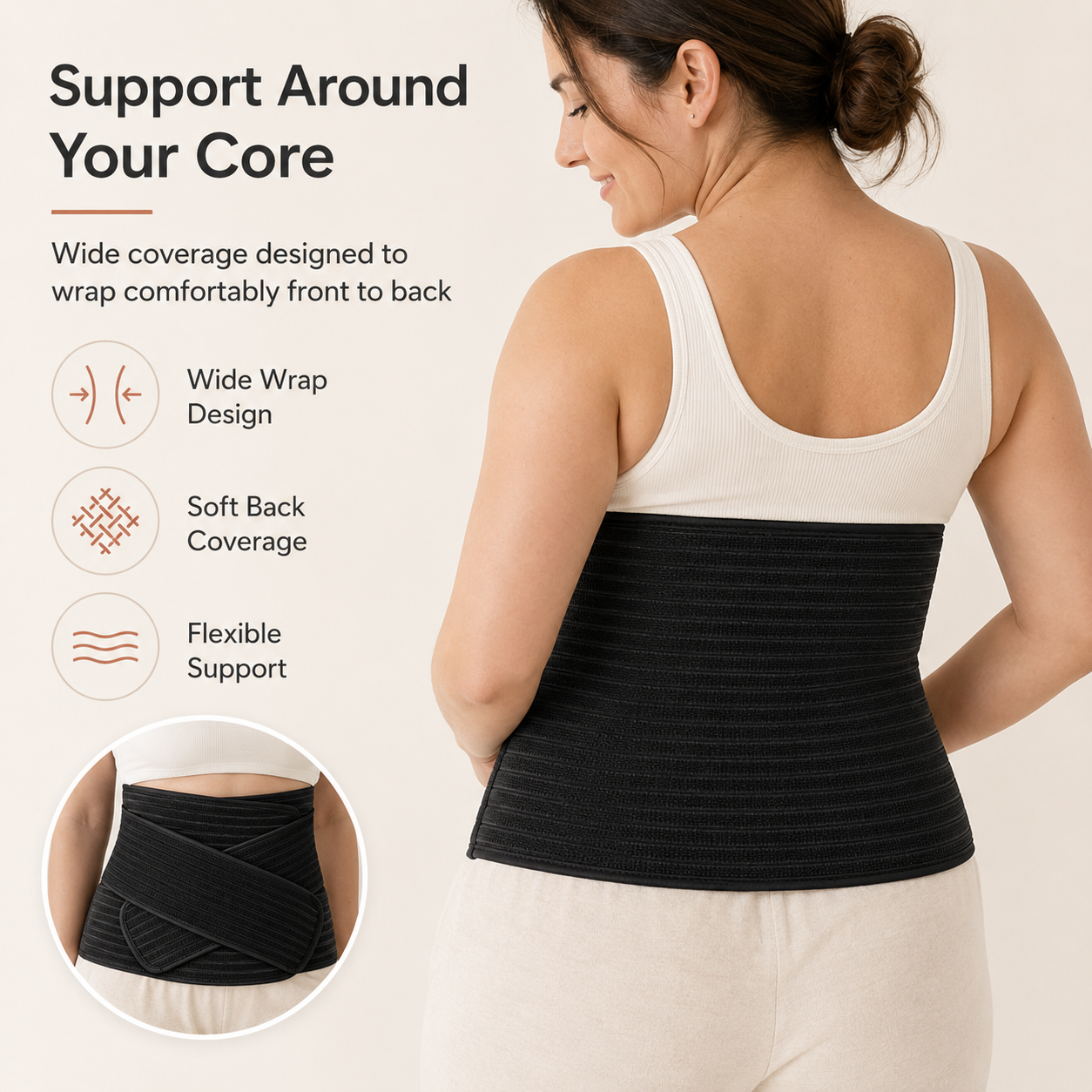 Back view of the black postpartum belly band showing its wide wrap coverage rvpumpen