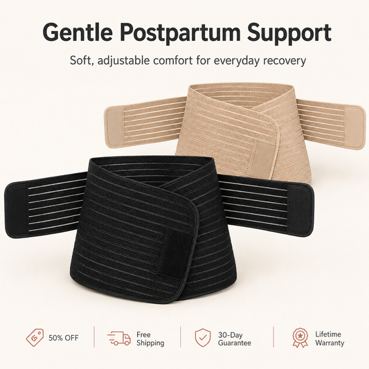 Relievoo postpartum belly band in black and tan, adjustable recovery support wrap rvpumpen