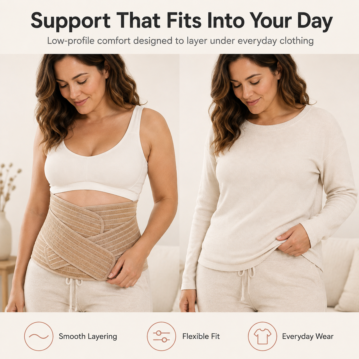 Postpartum belly band worn under a jumper, discreet under everyday clothing rvpumpen