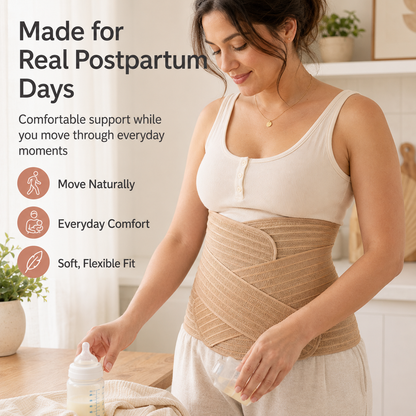 Mum wearing the tan postpartum belly band while preparing a bottle at home rvpumpen