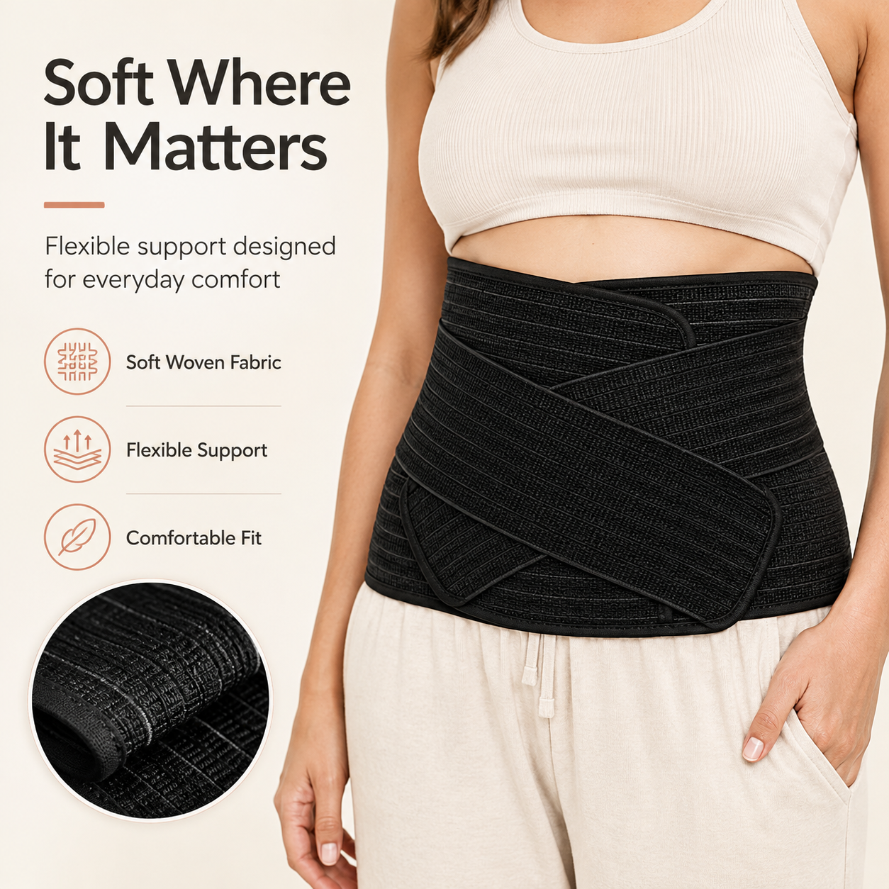 Close-up of the soft woven fabric of the black postpartum belly band rvpumpen
