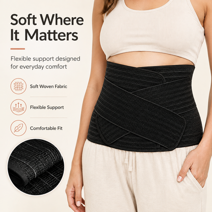 Close-up of the soft woven fabric of the black postpartum belly band rvpumpen