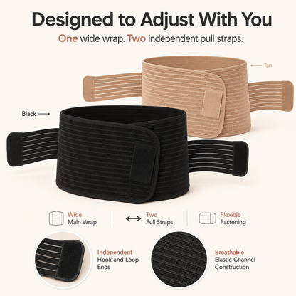 Postpartum belly band in black and tan with two independent hook and loop pull straps rvpumpen